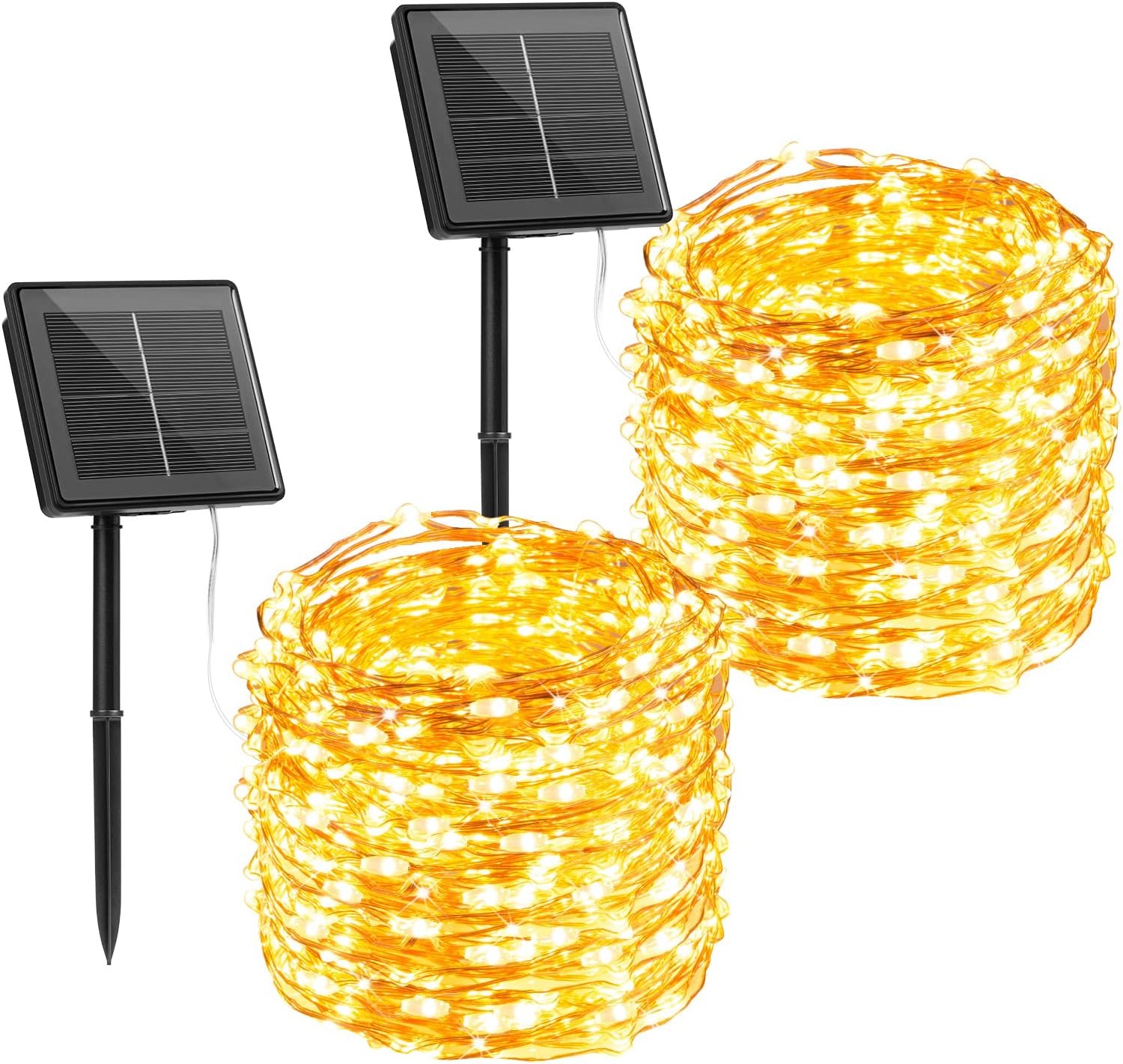 Brightown Solar String Lights, 2 Packs Total 66Ft 200 LED Solar Fairy Lights with 8 Modes, Waterproof Solar Lights for Outside Patio Yard Tree Wedding Christmas(Warm White)