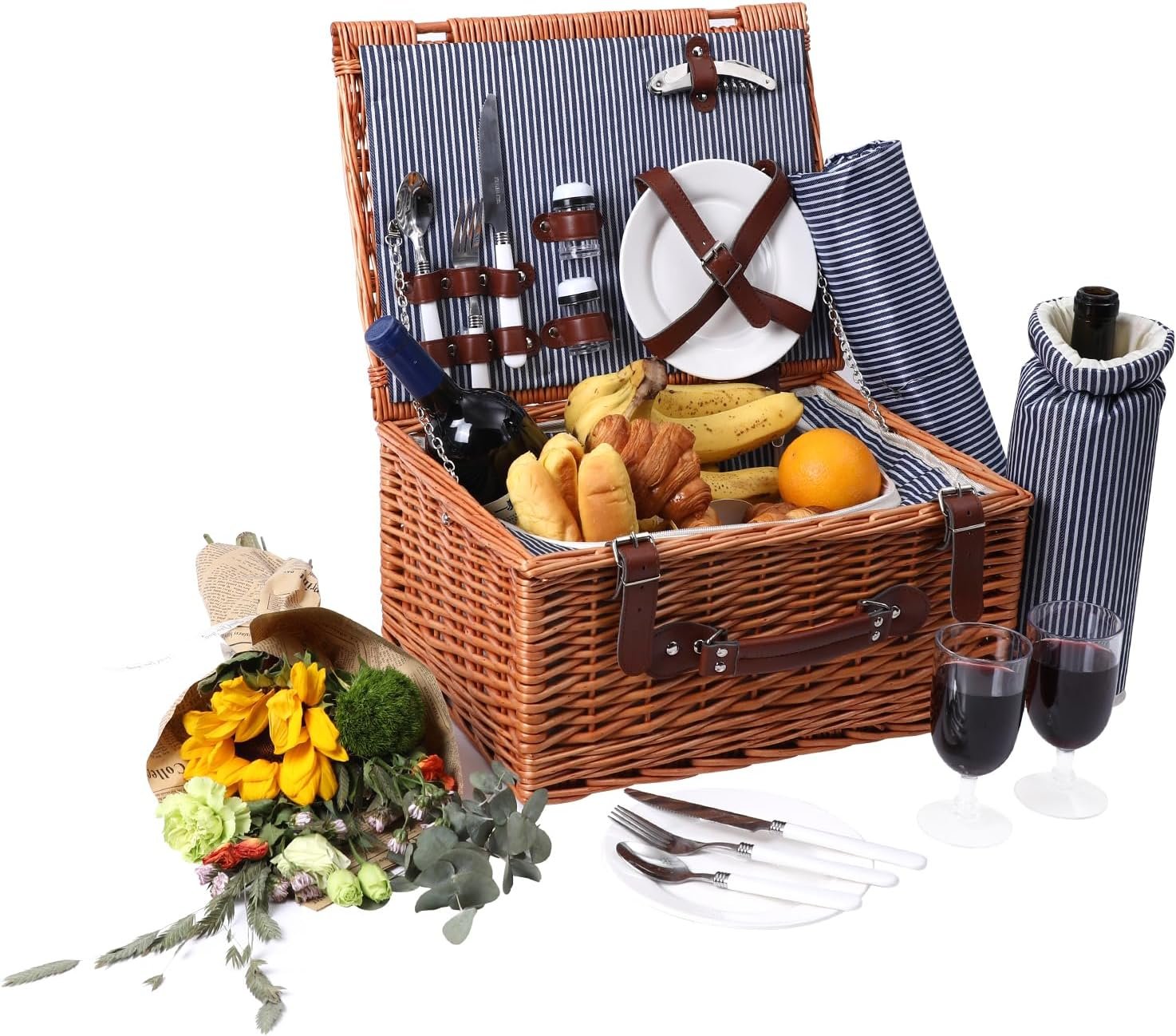 Large Willow Picnic Basket Set for 2, Wine Pouch, Glasses, Tableware, Insulated Cooler Bag  Waterproof Picnic Blanket, Great Gift for Birthday, Anniversary or Wedding