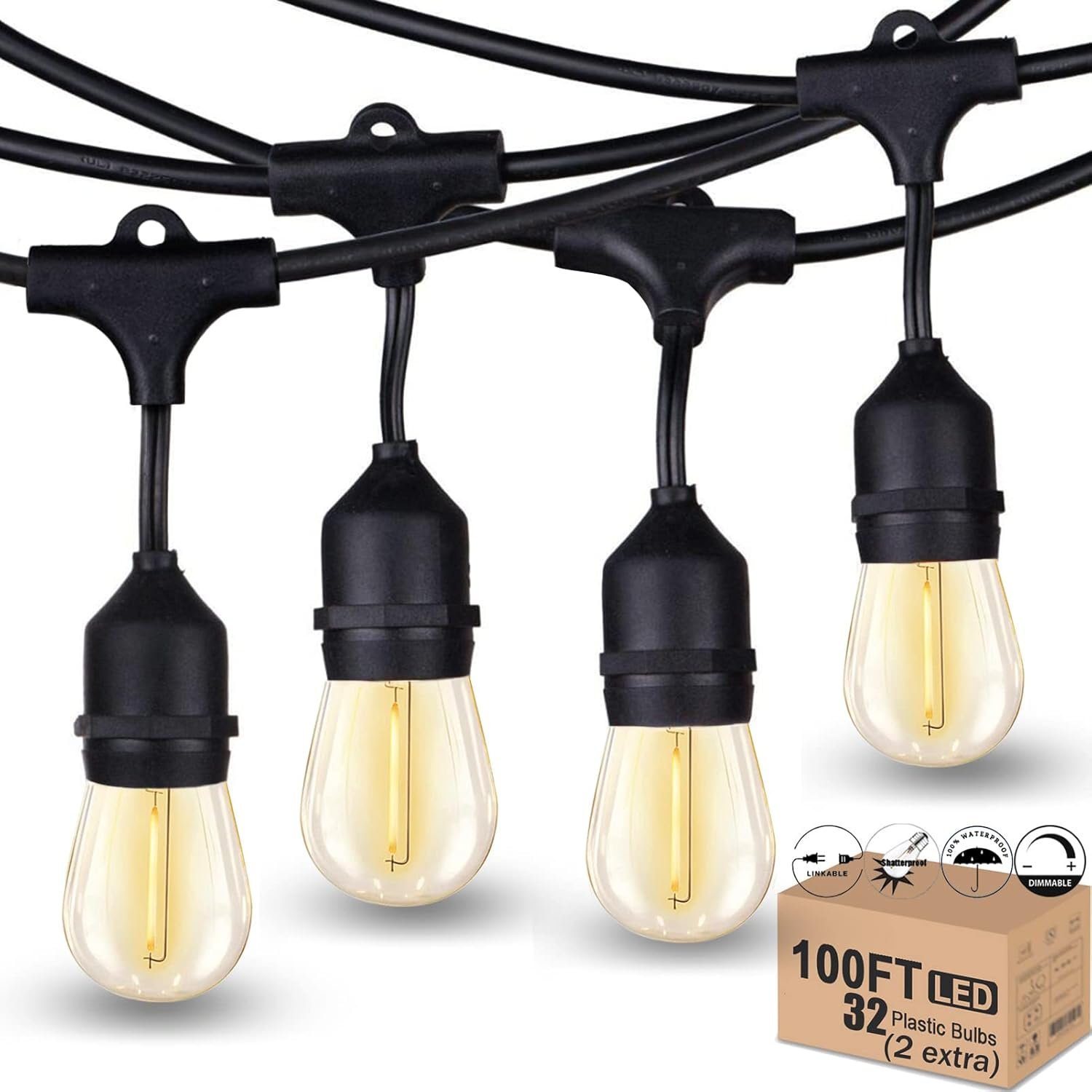 Outdoor String Lights LED 100FT Heavy-Duty Patio Lights String with 32 Dimmable Shatterproof Plastic Bulbs for Gazebo Pergola Bistro Lights Linkable