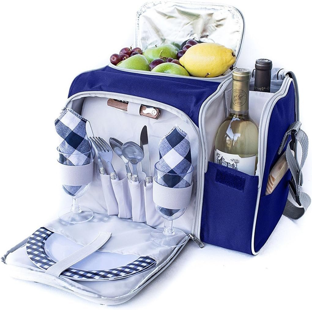 Picnic Basket Bag Set, 2 Person Insulated Tote with Cooler Compartment. Two Bottle Section Setting, includes Wine Glasses, Plates, Cutlery and Complete Flatware