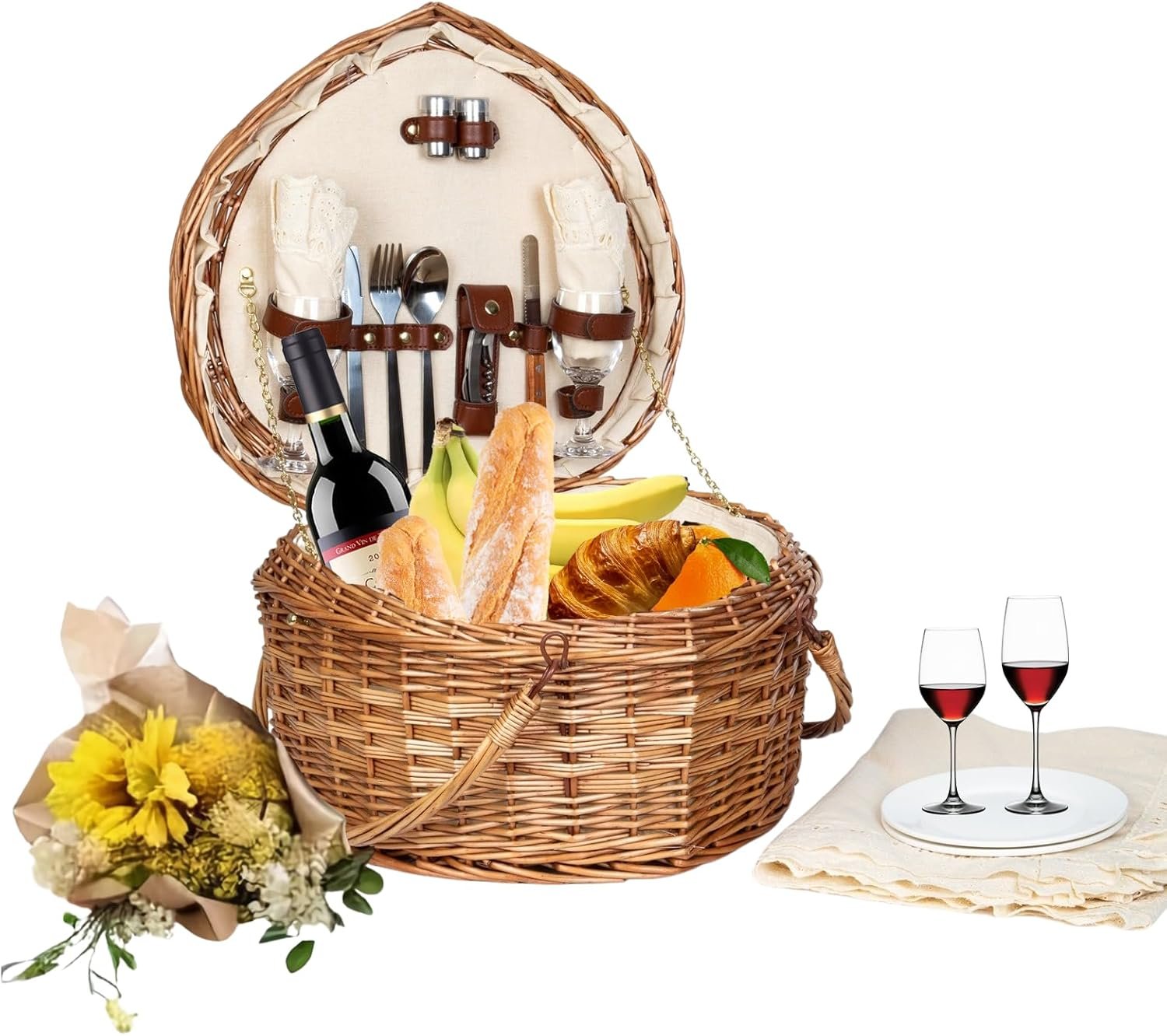 Romantic Heart-Shaped Picnic Basket Set | Sturdy Woven Willow and Fully-Equipped | Ideal Wedding Gift for Couple, Engagement, Anniversary, Birthday, Valentines Day (Rectangle for 2)