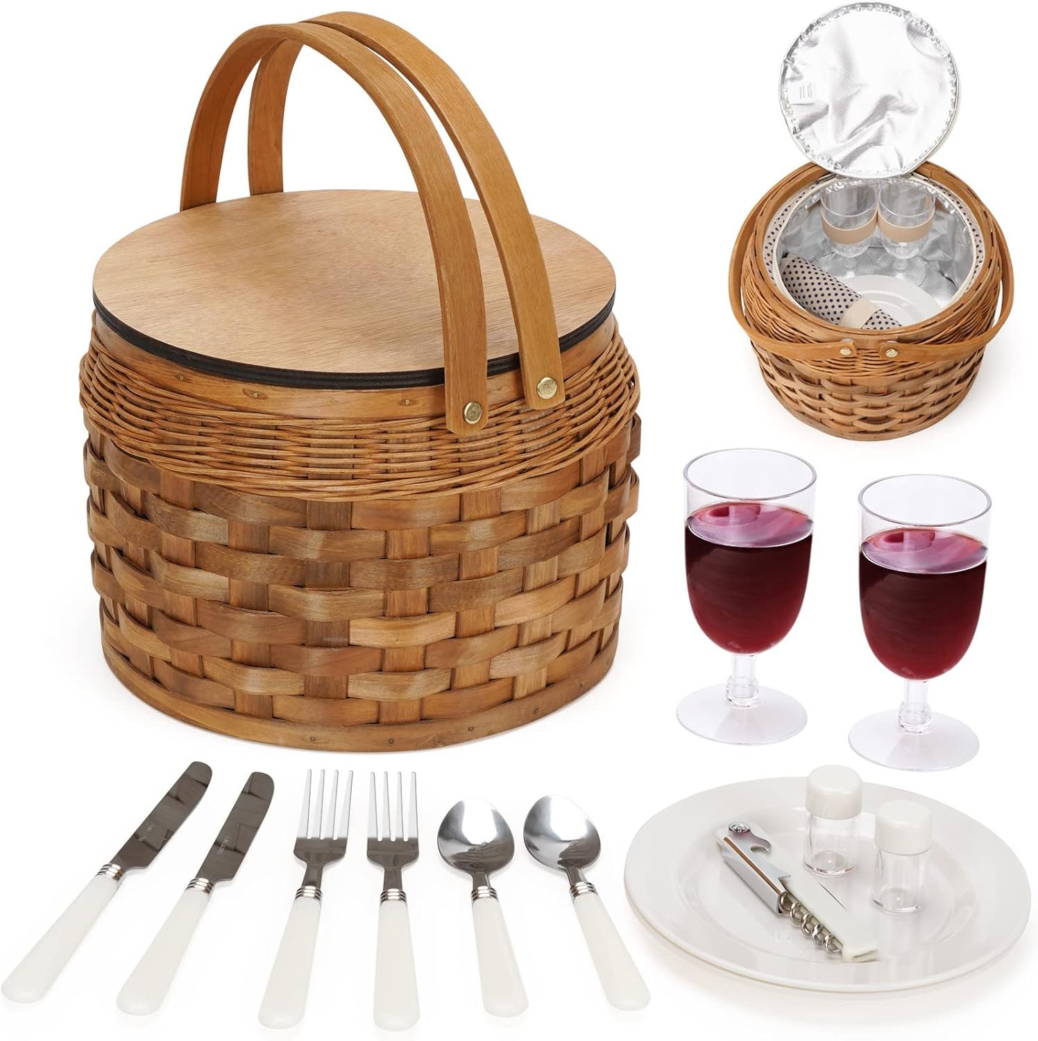 Small Picnic Baskets with Insulated Cooler, Picnic Basket Hamper for 2, Woodchip Wicker Basket, Including 2 Sets of Cutlery, Plates and Wine Glasses, for Christmas