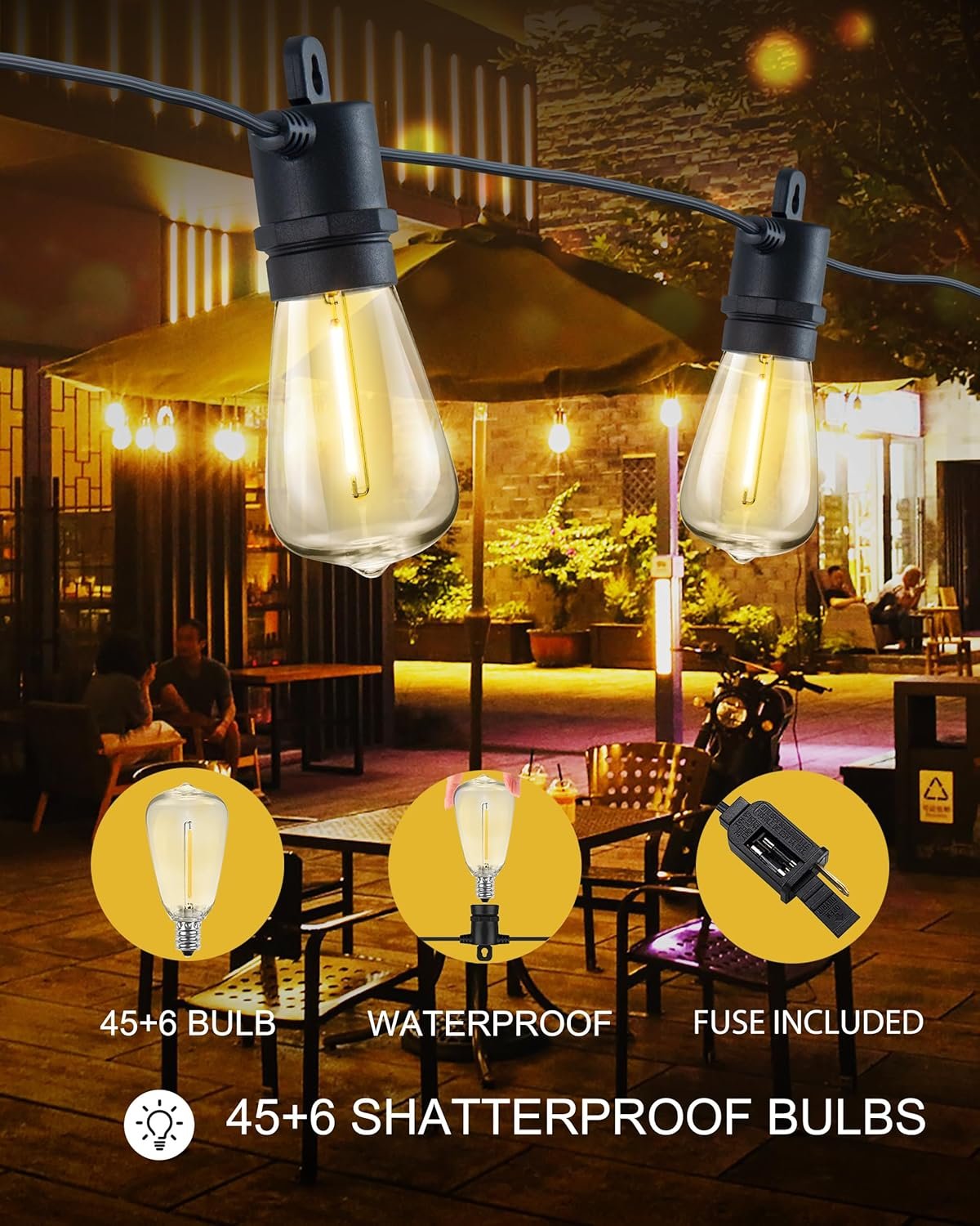 SUFEIMAS LED Outdoor String Lights Waterproof - New Mode 50FT Patio Lights 15+2 Vintage Shatterproof Plastic Bulbs,IP65 Edison String Lights for Outside Backyard Balcony Bistro Cafe Garden