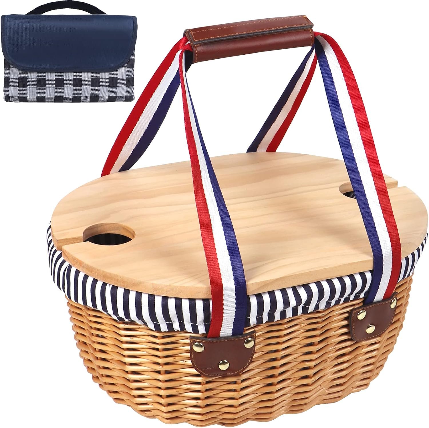 Wicker Picnic Basket, Picnic Basket for 2 with Wooden Split Lid Picnic Mat, Picnic Set for Picnic, Camping, Christmas Day, Thanks Giving, Birthday…