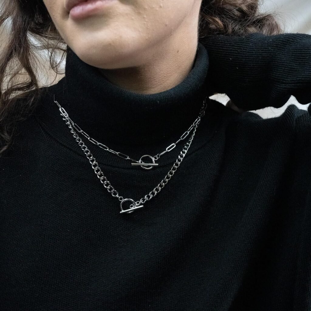 CHESKY Silver Layered Necklaces for Women, 14K Sterling Silver Plated Necklaces for Women Trendy Paperclip Toggle Chain Necklace Dainty Silver Jewelry Necklaces Set Gift for Her