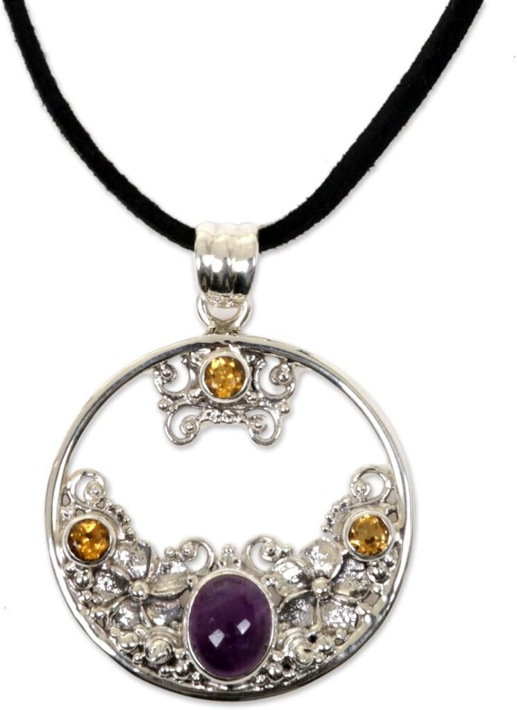 NOVICA Artisan Handmade Citrine Amethyst Floral Necklace .925 Sterling Silver Bali Jewelry Purple Yellow Pendant Cord Indonesia Frangipani Moon