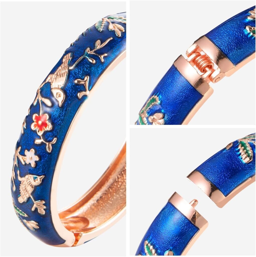 UJOY Colors Handcraft Jewelry Cloisonne Bracelet Enamel Bird Flower Spring Hinged Womens Bangles Gifts Box 55C49
