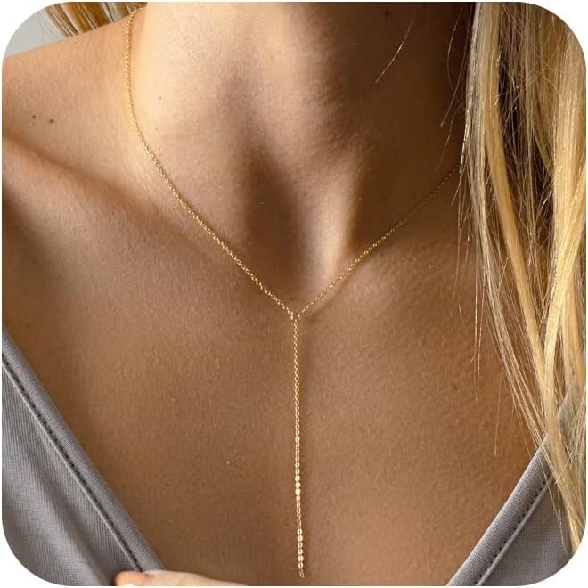 CHESKY Lariat Dainty Gold Necklace for Women, Trendy Y Beaded Necklace 14k Gold Plated/Silver Layered Bead Chain Drop Necklaces Simple Handmade Bar CZ Y-Shaped Pendant Necklace Jewelry Gift Wedding