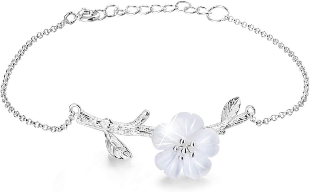 ♥Christmas Gifts♥925 Sterling Silver Bracelet Simulated Crystal Flower in the Rain Adjustable Cute Flower Bracelets with Chain length 6.5-7.6, Handmade Unique Jewelry Gift for Women and Girls