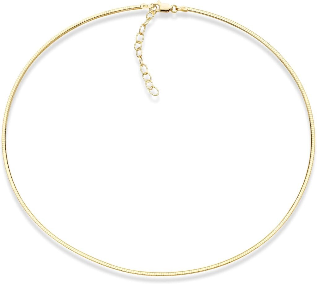 Miabella 18K Gold Over 925 Sterling Silver Italian 2mm or 2.5mm Solid Dome Omega Link Chain Necklace for Women 16 + 2 inch ext. Made in Italy