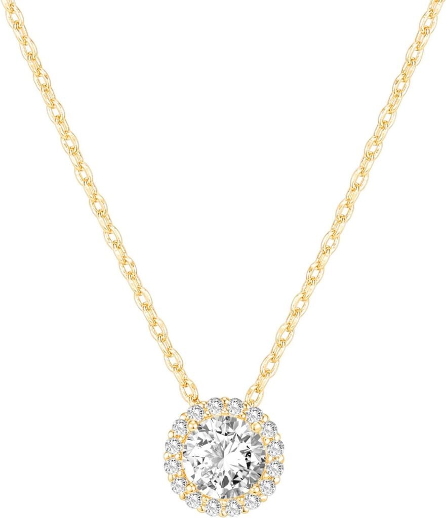 PAVOI 14K Gold Plated Post Faux Diamond Round Solitaire Pendant Halo Necklace | Gold Necklace for Women | Slider Adjustable