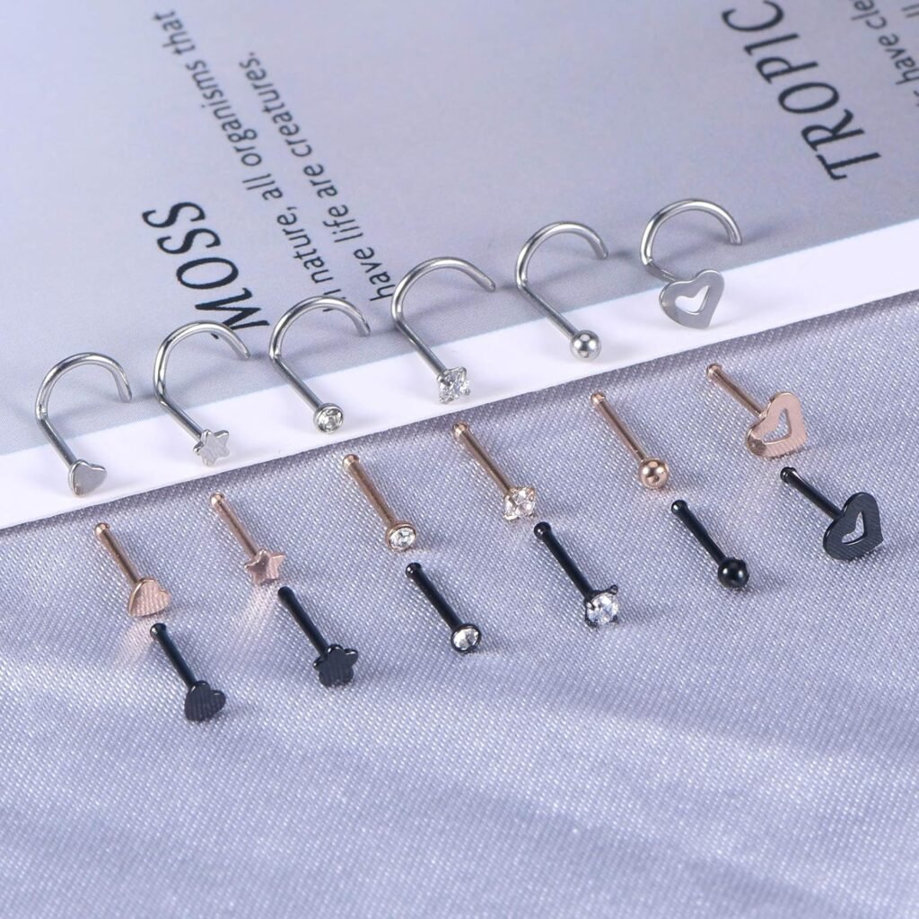 Anicina 20g 22g Nose Rings Studs Surgical Stainless Steel Nose Rings Hoops L Bone Screw Shape Nostril Nose Piercing Jewelry Heart Flower Moon Snake Butterfly Hypoallergenic Nose Screw for Women Men