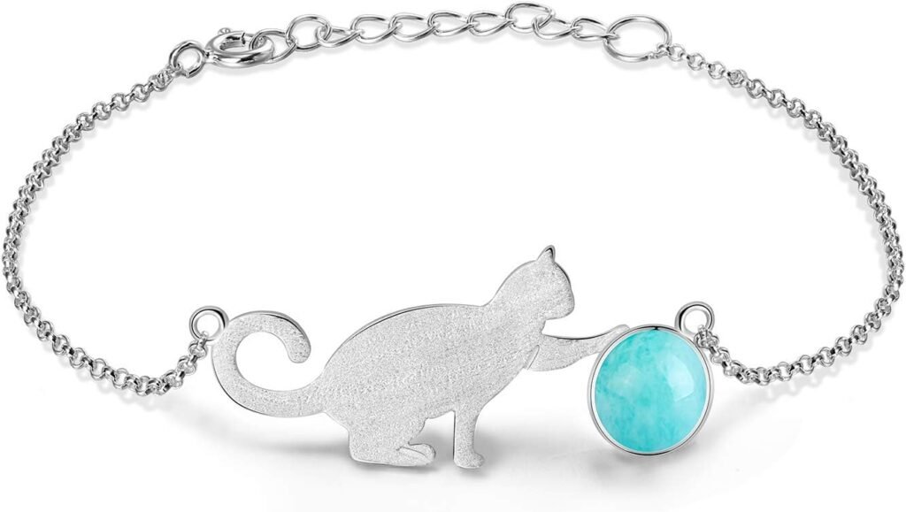 ♥Christmas Gifts♥925 Sterling Silver Bracelet with Amazonite Cat Playing Balls Adjustable Kitten Bracelets with Chain length 6.5-7.6, Handmade Unique Jewelry Gift for Little Girls Teen Girls Women