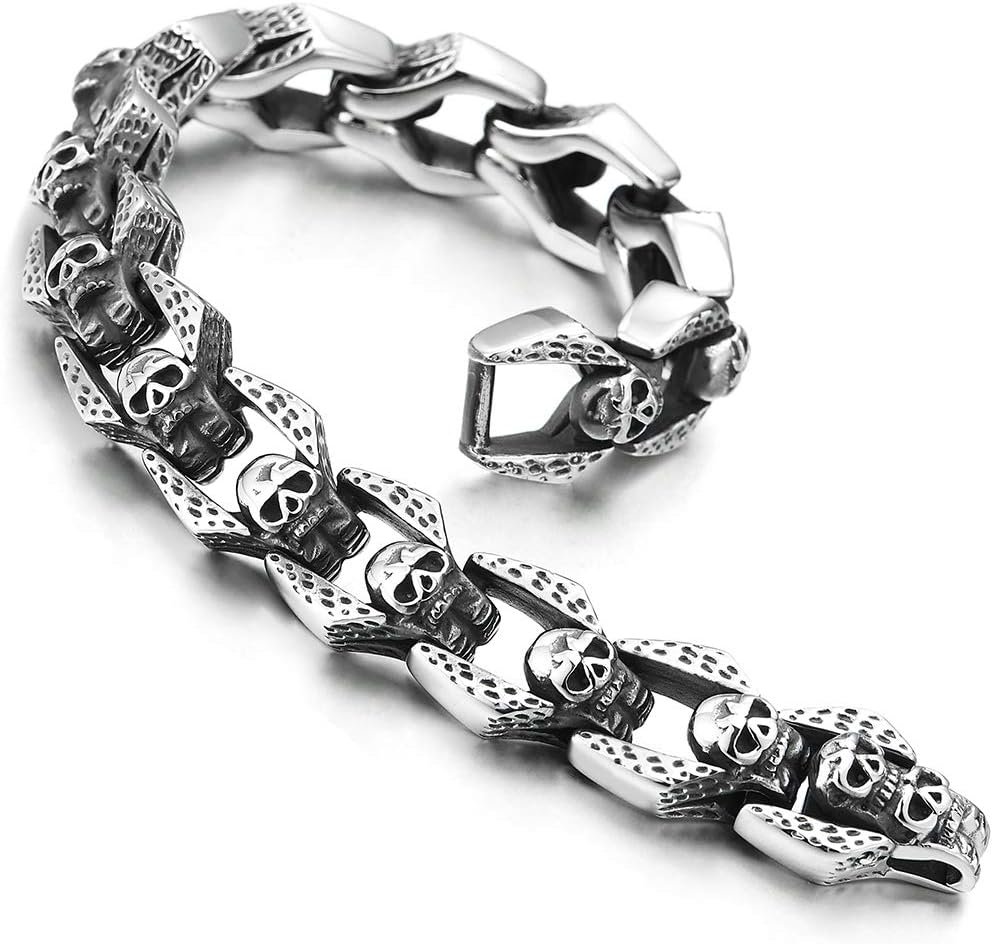 COOLSTEELANDBEYOND Gothic Biker Stainless Steel Vintage Skulls Charm Link Chain Bracelet for Men, Masculine