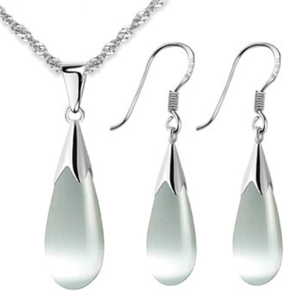 Fashion Jewelry Set for Women Cats Eye Teardrop and Created Crystal, Cubic Zirconia Pendant Necklace and Earrings Ring Set