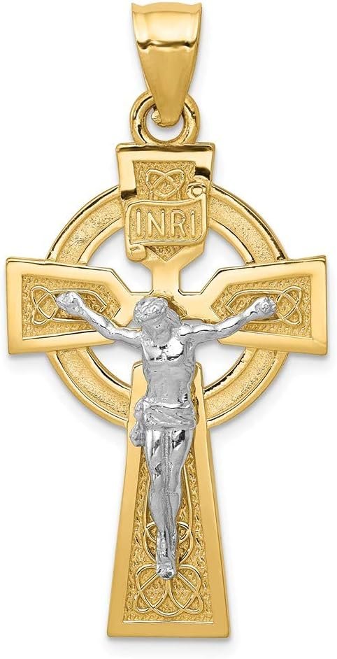 FB JEWELS Solid 14K Yellow Gold Plated Sterling Silver Polished Celtic Inri Crucifix Pendant (0.87 x 1.38 Inches)