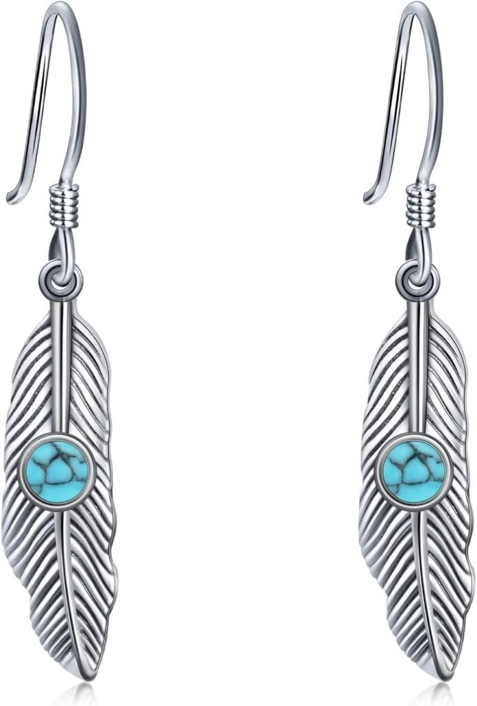 Feather Earrings 925 Sterling Silver Turquoise/Moonstone Dangle Earrings Iindian Native American Jewelry Western Gifts for Women Birthday