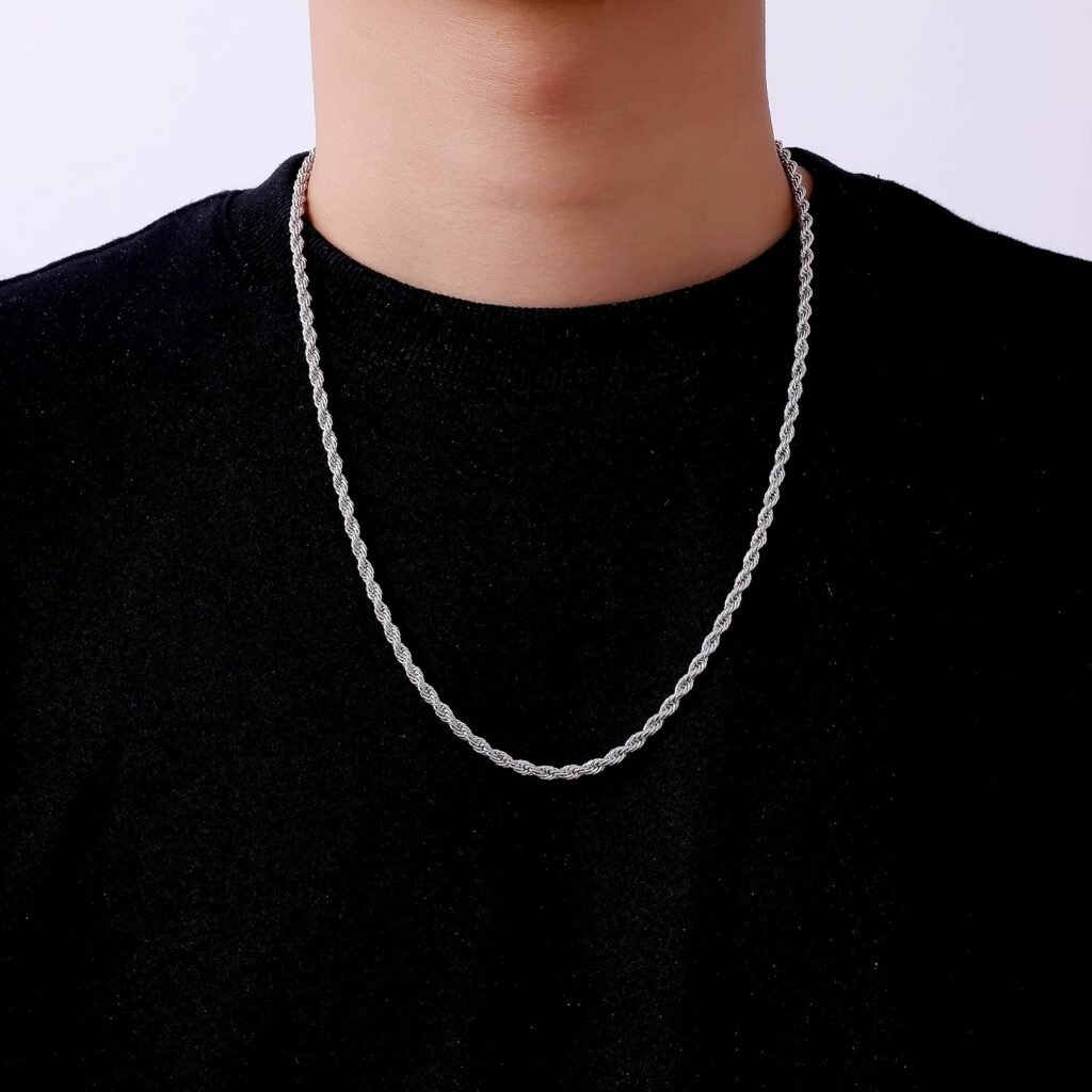 Fiusem 3mm Rope Chain Necklace for Men, Silver Tone Mens Chain Necklace, Stainless Steel Necklace Chain for Men Women and Boys