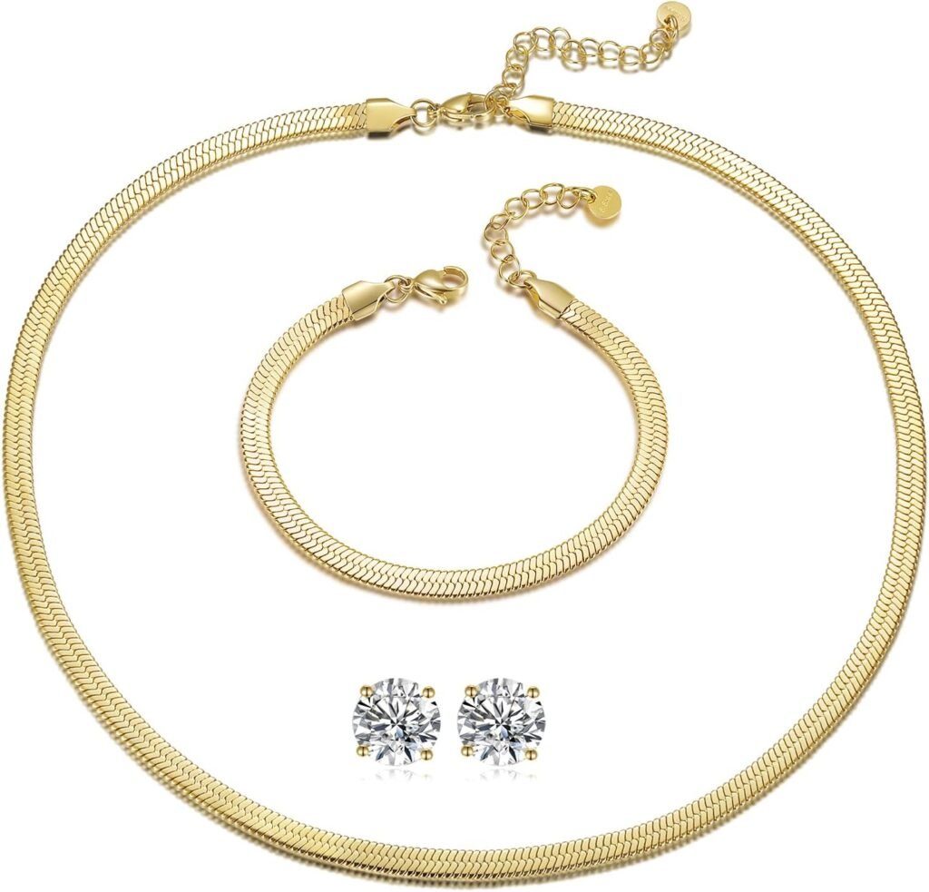 Gemsme 18K White/Yellow Gold Plated Stainless Steel Snake Chain Herringbone Necklace/Bracelet/Earrings for Women Jewelry Sets Pack of 3