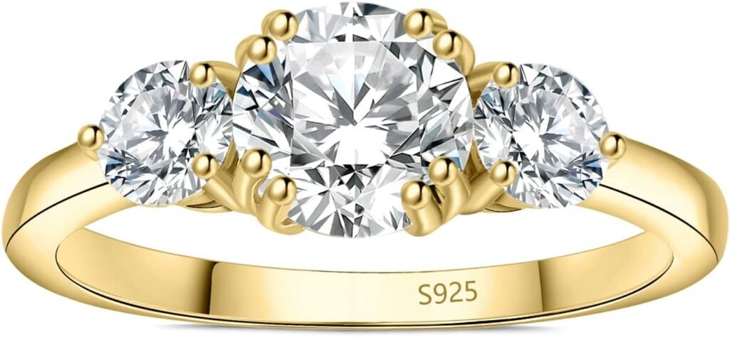 JewelryPalace Classic 3 Stones Cubic Zirconia Engagement Rings for Women, 925 Sterling Silver 14K Gold Plated Promise Ring for Her, Round Cut Simulated Diamond Anniversary Wedding Rings Size 4-12