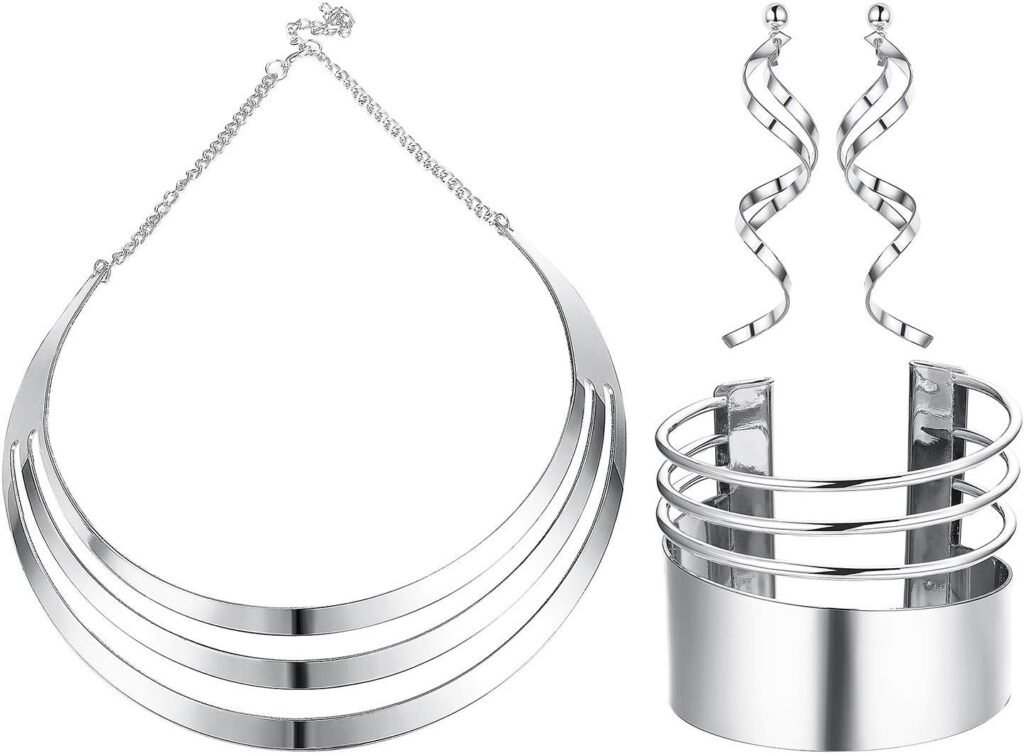 JOERICA Bib Choker Necklace Set for Women Wide Cuff Bangle Bracelets Long Statement Dangle Earrings African Costume Jewelry Set