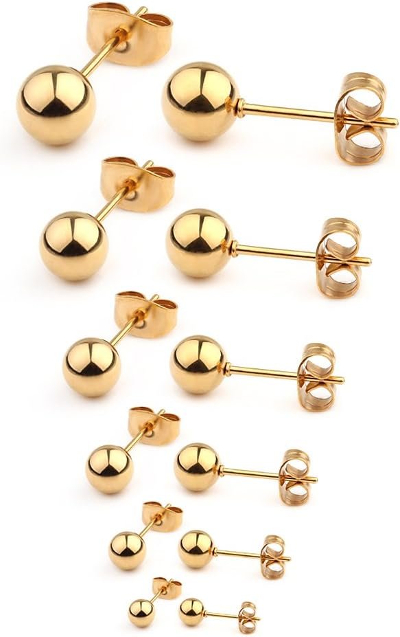 Ruifan 20G Stainless Steel Ball Stud Earrings for Men Women Round 3-8mm 6Pairs