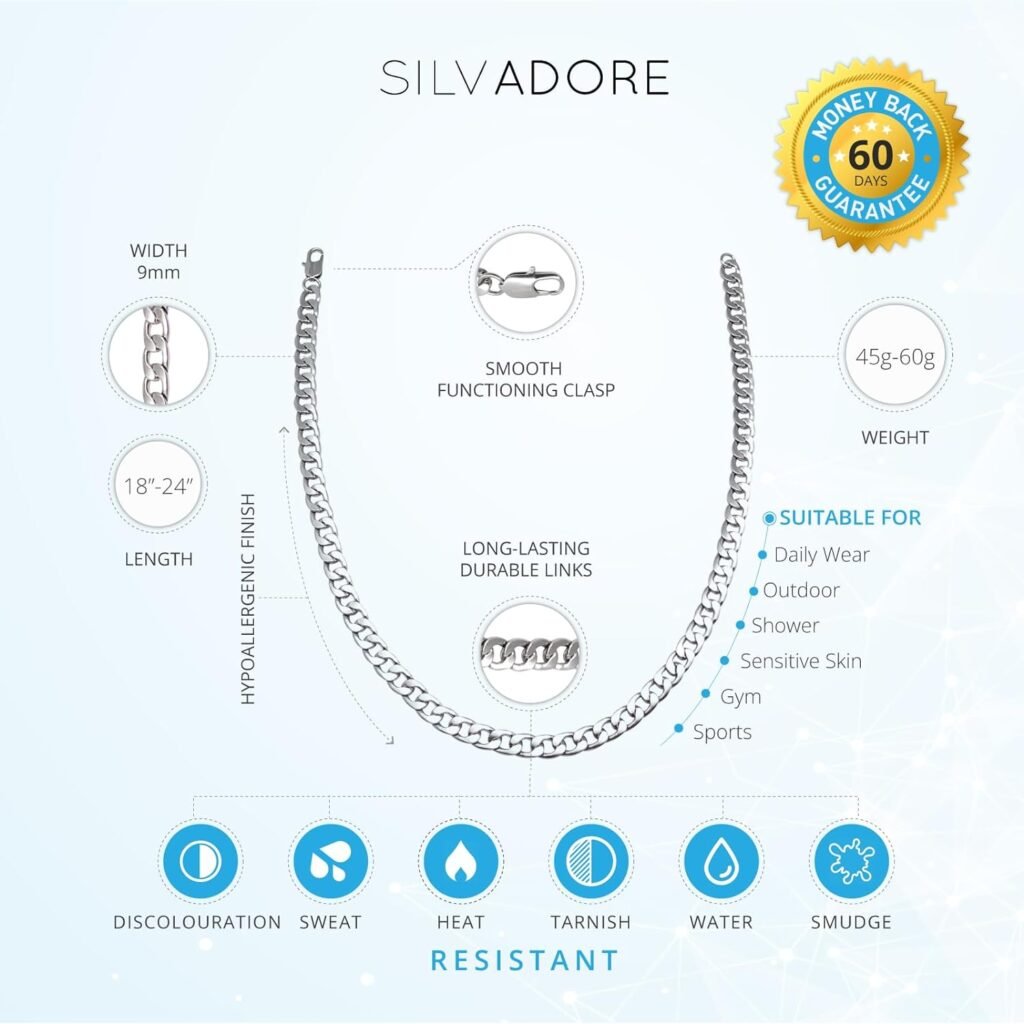 Silvadore 9mm Miami CUBAN Link Chain for Men Necklace - NON-TARNISH FADE-PROOF Real Silver Stainless Steel - Boys Mens Christmas Gifts - Thick Big Cool Curb Rapper Ganster Unbreakable Jewelry - Cadenas Para Hombre - 18,20,22,24 inch UK