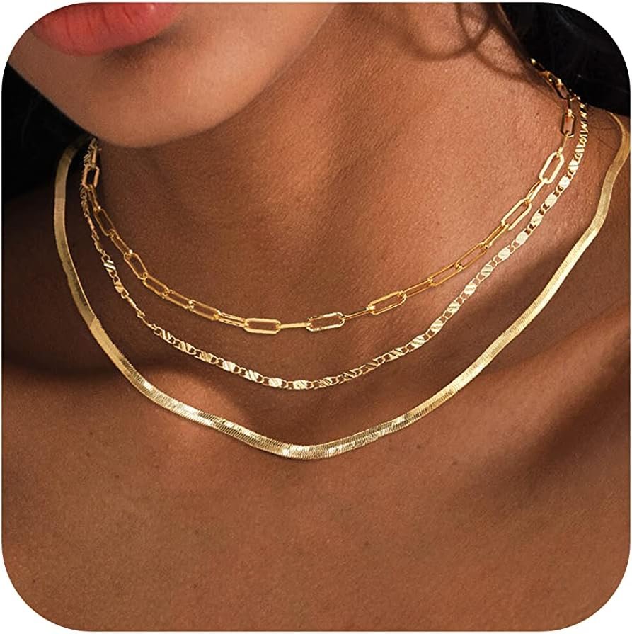 Tewiky Herringbone Necklace for Women Dainty 14k Gold Snake Chain Necklace Layered Gold Herringbone Double Flat Snake Chain Choker Necklace Thin Chunky Chain Necklace Gift for Her