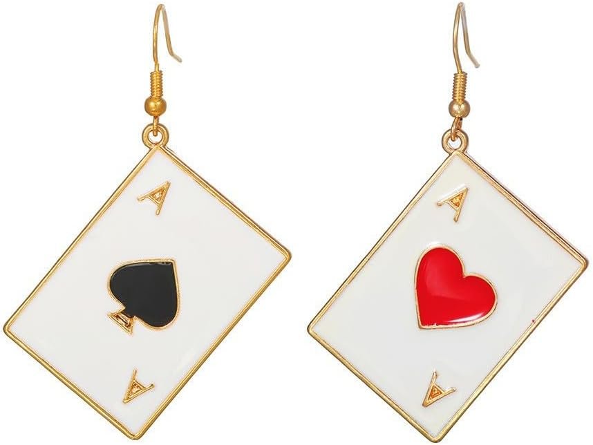Unique Playing Card Dangle Earrings Red Heart Queen Poker Earrings for Women Girls,Gold Asymmetric Rabbit Long Clock Poker Dangle Earrings Queen Hearts Costume