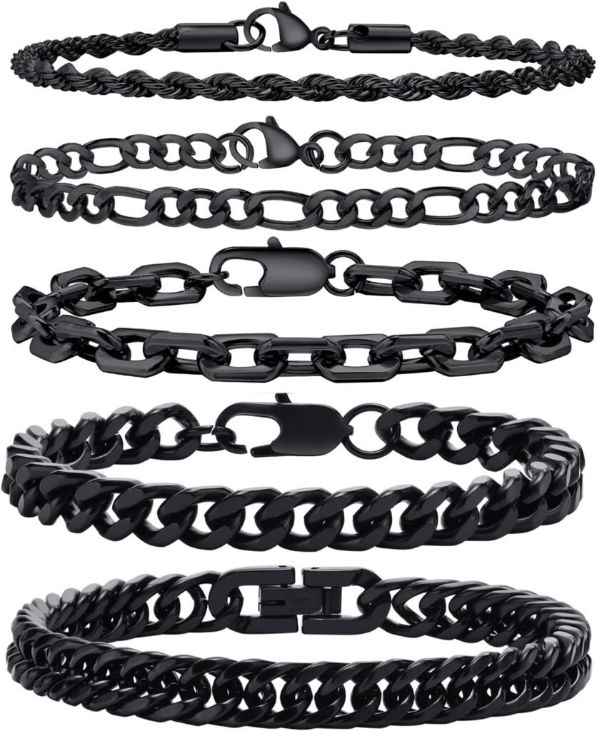 VNOX 5 Pcs Chain Bracelet for Men Women - Sturdy Stainless Steel Curb Width Cuban Link Chain Bracelet Set for Men Women,6.5/7/7.4/8.2/9 Inches