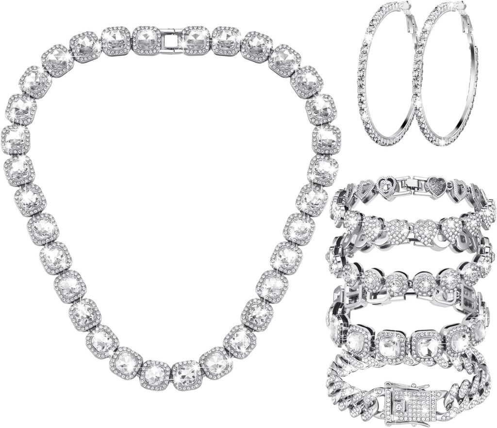Yinkin 6 Pcs Tennis Necklaces Diamond Chain for Woman Silver Cuban Link Chain Jewelry Set with Cuban Rhinestone Necklace Tennis Bracelet Circle Earrings