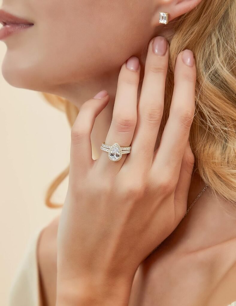 EAMTI 1.5CT 925 Sterling Silver Wedding Band Teardrop Bridal Rings Sets Halo Cubic Zirconia Solitaire Promise Engagement Rings for Women Size 3-13
