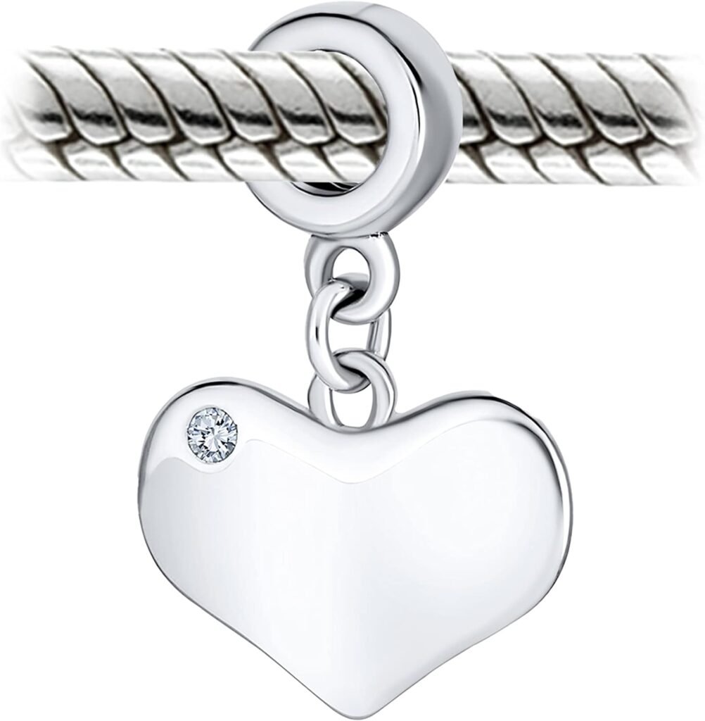 Bling Jewelry Engravable Initial Monogram Crystal Accent Dangle Heart Charm Bead For Women Teen .925 Sterling Silver European Bracelet Simulated Birthstone Colors