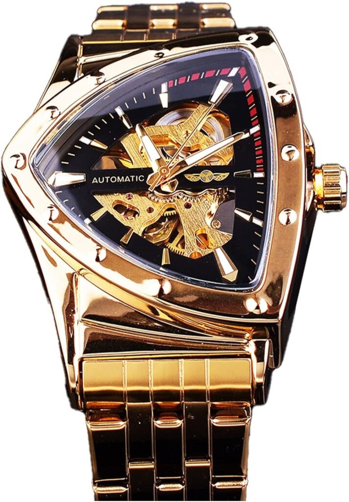 FORSINING Triangle Skeleton Mens Automatic Mechanical Watch Luxury Gold Black Stainless Steel Watches Waterproof Luminous Sports Wristwatch