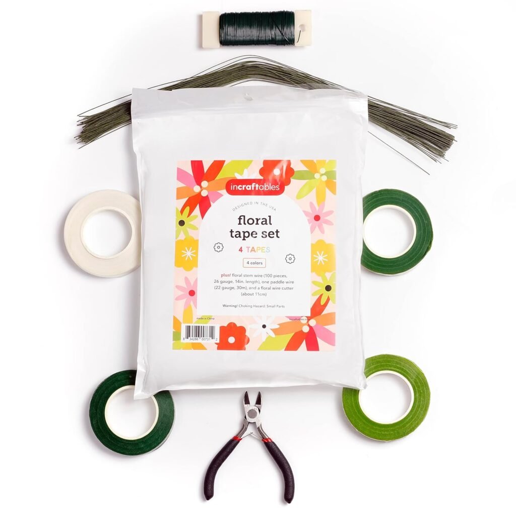 Incraftables White Green Floral Tape (4pcs), Stem Wire (100pcs), Flower Wire (30m) Cutter. Light Dark Green Flower Tapes for Bouquets. DIY Flower Arrangements Boutonniere Supplies Kit