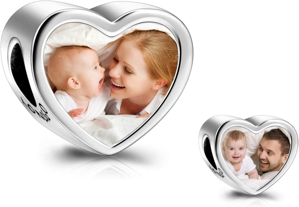 LONAGO 925 Sterling Silver Personalized Photo Charm Fit Compatible for Bracelet Necklace Customized Heart Round Shape Picture Bead