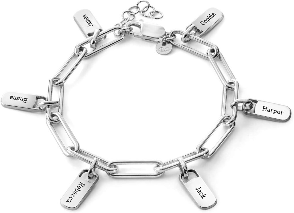 MYKA - Personalized Paperclip Link Chain Bracelet with Engraved Dangling Charms - Custom Jewelry For Christmas, Xmas, Mother’s Day, Birthday, Summer - Gift for Women, Her, Wife, Mother, Grandmother / 925 Sterling Silver, 18K Gold Rose Gold Plating, Vermeil