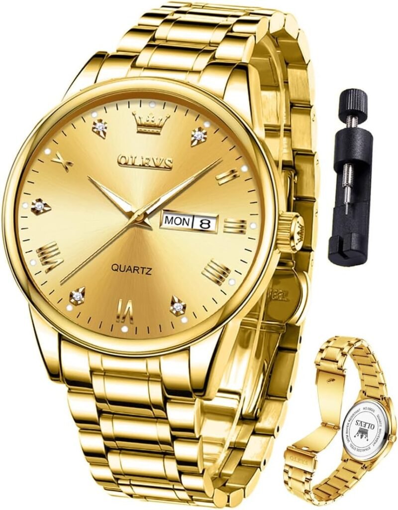 OLEVS Mens Luxury Watch Waterproof Luminous Easy Read Chronograph Watches Full Gold/White Dail/Black Face with Calendar Wristwatch
