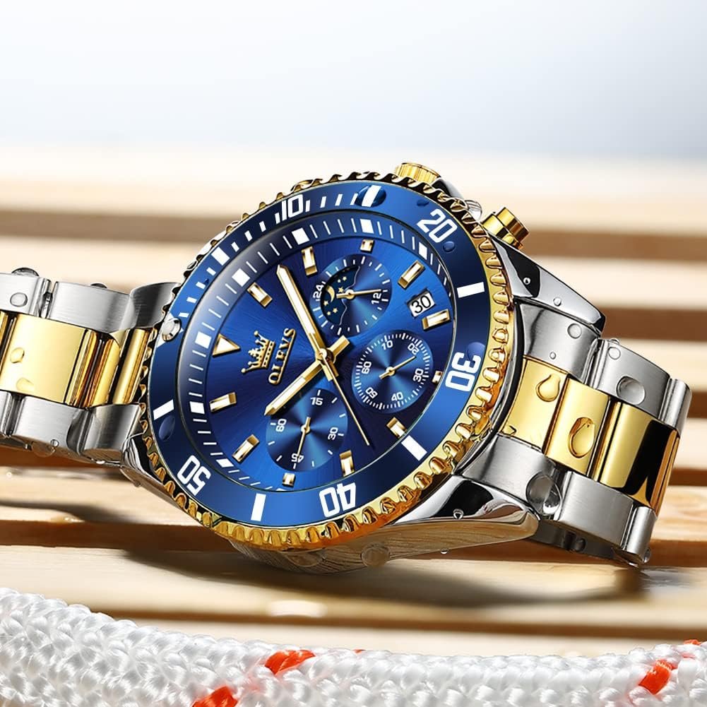 OLEVS Mens Watches Chronograph Luxury Dress Moon Phase Quartz Stainless Steel Waterproof Luminous Business Calendar Wrist Watch